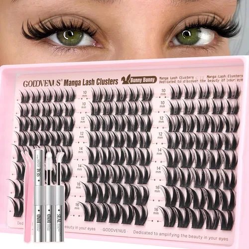 Vista 13 de Goddvenus Manga Lash Racimos de 12-0.551-0.630 in Natural Wispy Fairy Racimos de pestañas 144 extensiones de pestañas en racimo mullidas Anime