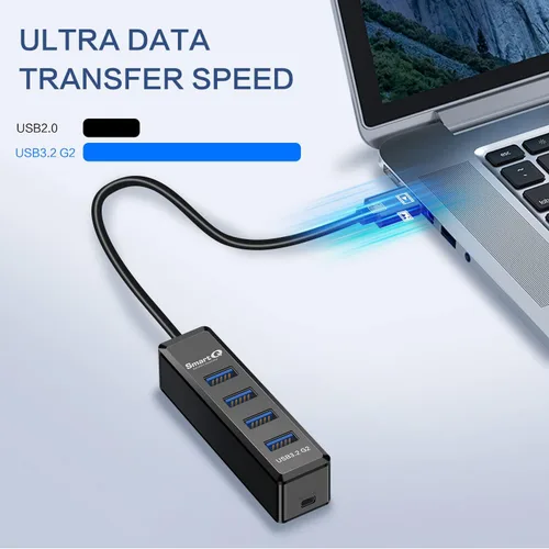 Vista 4 de SmartQ H302Pro Hub USB C, concentrador USB 3.2 SuperSpeed de 4 puertos con cable de extensión de 1 pie, compatible con carga, compatible