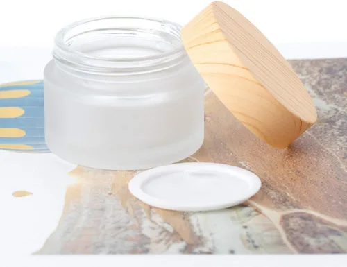 Vista 3 de Juego de 10 botes de 0.18 oz y 0.2 fl oz de vidrio esmerilado, con tapa de plástico con textura de madera, rellenables