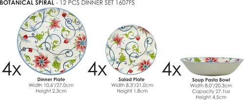 Vista 2 de Tudor Royal - Juego de vajilla redonda de porcelana de 12 piezas, servicio para 4, diseño botánico, flores de verano, platos, cuencos, brillante