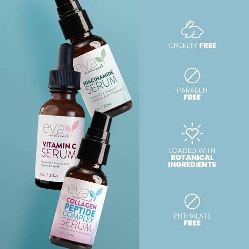 Vista 6 de Eva Naturals Paquete de suero Firm & Glow - Sueros de vitamina C, péptidos y niacinamida - Juego de suero facial antienvejecimiento para arrugas