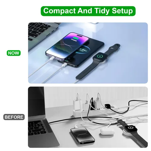 Vista 5 de Cable USB C 3 en 2 mejorado para cargador de Apple Watch (4 pies/1.2M) Cable de carga rápida múltiple USB C de viaje compatible con iWatch Ultra