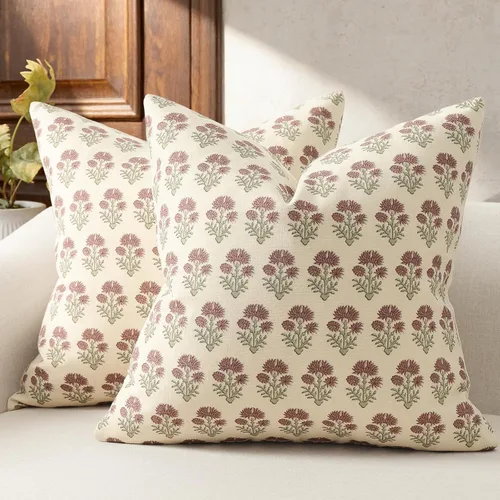 Vista 18 de Juego de 2 fundas de almohada florales de 20 x 20 pulgadas, fundas de almohada con diseño botánico campestre para sofá, cama, sala de estar, fundas