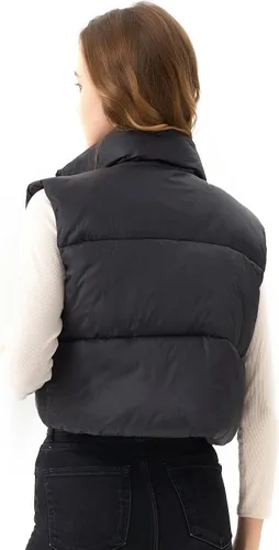 Vista 3 de Chaleco acolchado recortado para mujer, ligero, sin mangas, cálido, para invierno, con cuello alto, acolchado