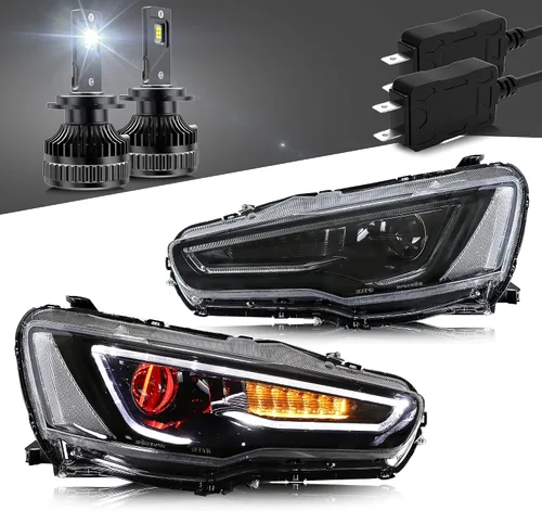 Vista 14 de VLAND Faros LED Compatibles con Mitsubishi Lancer & EVO X 2008-2020 Conjunto de lámpara delantera con proyector con lente ahumada con secuencial