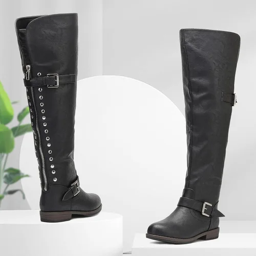 Vista 7 de CentroPoint Botas sobre la rodilla para mujer, botas de tacón plano de pantorrilla ancha, punta redonda, hebilla con cremallera, botines