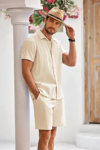 Vista 3 de COOFANDY Conjunto de ropa de playa de algodón Guayabera para hombre, conjunto corto de lino de 2 piezas