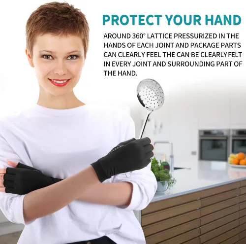 Vista 6 de Guantes de cobre para artritis para mujeres y hombres, sin dedos, transpirables y absorben la humedad, guantes de compresión para escribir