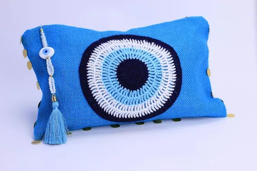Vista 2 de Karens Ege - Bolsa de mano de yute y arpillera con cierre de cremallera para regalo con cristales y borlas