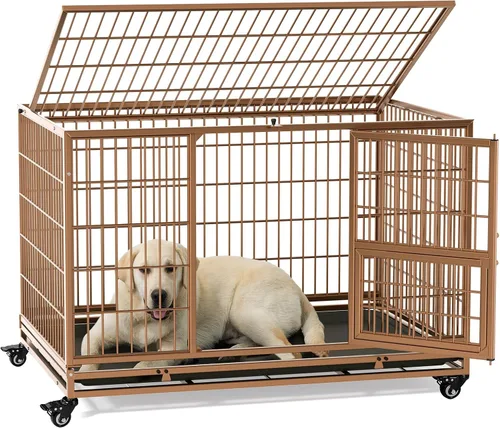Vista 9 de Gardner Pet Jaula para perros resistente de 43 pulgadas con ruedas, jaula de metal plegable para perros pequeños y grandes, jaula indestructible