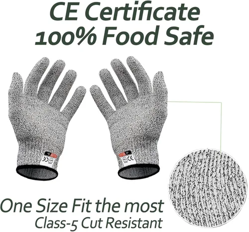 Vista 3 de 2Oyster - Cuchillo de acero inoxidable con mango de madera, con 2 pares de guantes resistentes a cortes de nivel 5, abridor de ostras para cocina