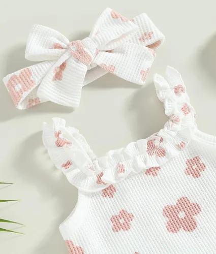 Vista 5 de Conjunto de ropa de verano para bebé recién nacida, conjunto de ropa de verano con estampado floral, mameluco con cordón y diadema corta