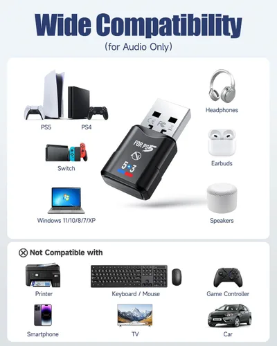 Vista 6 de ZEXMTE Adaptador Bluetooth PS5, transmisor de audio inalámbrico 5.3 para conectar auriculares y auriculares inalámbricos, conecta dos dispositivos