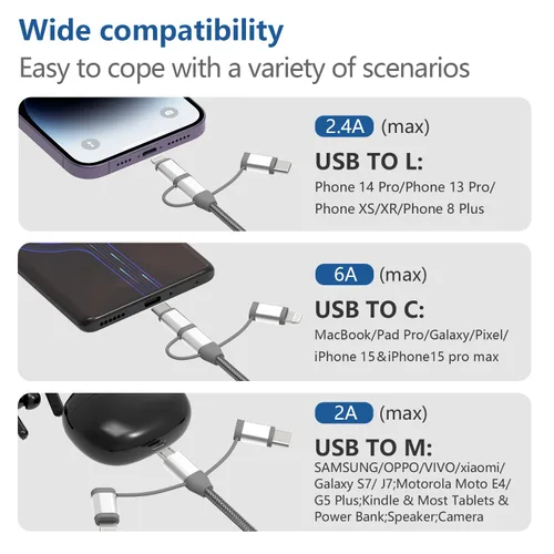 Vista 2 de Adaptador de cable de carga 3 en 1, Lightning certificado MFi de Apple, tipo C, cable micro USB, compatible con iPhone 16/15/14, iPad, Huawei, HTC