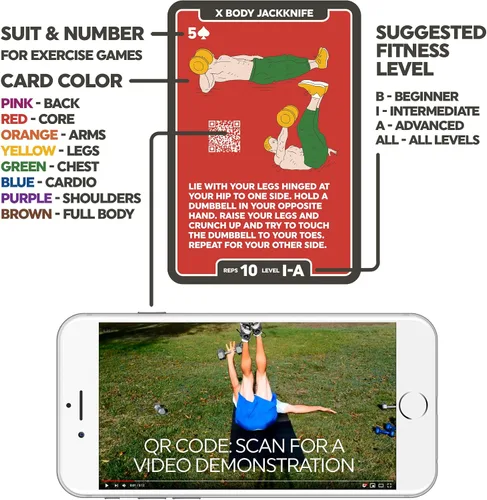 Vista 4 de Paquete de 52 tarjetas de ejercicio con mancuernas apiladas. Juego de entrenamiento. Instrucciones de video incluidas. Perfecto para entrenar