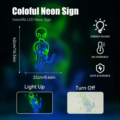Vista 3 de Ineonlife Letreros de neón de alienígena verde, divertidos letreros de neón de gato alienígena para cueva de hombres, luz LED, decoración de arte