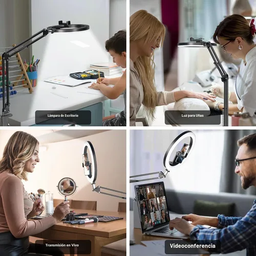 Vista 3 de Anillo de luz mejorado con soporte, soporte de teléfono superior para escritorio, luz selfie de 10 pulgadas con trípode de soporte para iPhone, luz