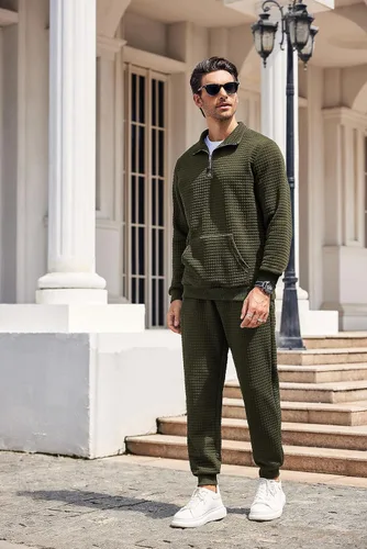 Vista 7 de COOFANDY Conjunto deportivo de 2 piezas para hombre, ajuste relajado, con media cremallera, para correr