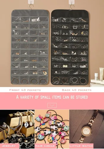 Vista 5 de AARAINBOW Organizador de joyas colgante de doble cara con 80 bolsillos, colgador de joyas para aretes, collares, anillos en armario, pared, puerta