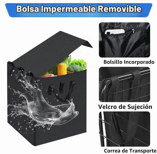 Vista 8 de Carrito de compras plegable con forro impermeable extraíble, carrito de comestibles de capacidad de 450 libras con cesta doble y ruedas giratorias