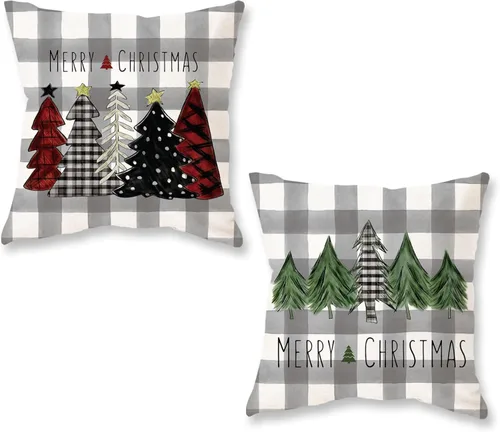 Vista 13 de ONWAY Juego de 2 fundas de almohada de Navidad de 16 x 16 pulgadas, fundas de almohada de Navidad de búfalo rojo a cuadros, color negro y verde Beige