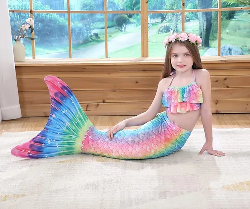 Vista 4 de GALLDEALS Conjunto de bikini de sirena para niñas de 7 a 8 años con monoaleta azul