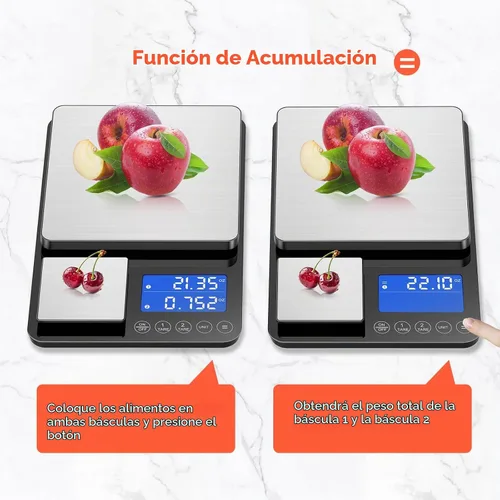 Vista 4 de KUAIVO Báscula de cocina de doble plataforma de 0.001 onzas / 33 libras, báscula digital de alimentos con dos superficies de precisión, pantalla
