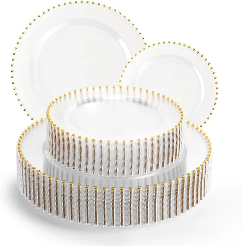 Vista 18 de ejonirinjonir EI 60 platos de plástico beige con borde dorado, platos desechables marfil, plato de plástico de lujo resistente, cena de 10 pulgadas