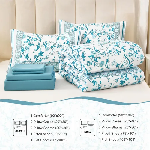 Vista 6 de Dobuyly Juego de edredón floral tamaño Queen, 7 piezas de cama en una bolsa, tamaño Queen, juego de ropa de cama botánico de flores aguamarina sobre