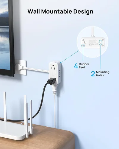 Vista 8 de TROND Extensor de toma con cable de 6 pulgadas, adaptador de enchufe plano con 4 tomas eléctricas y 4 puertos USB, para montaje en pared, toma