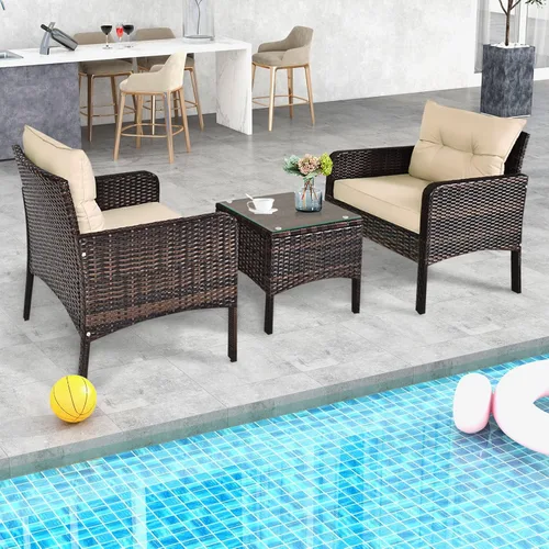 Vista 9 de ORALNER Juego de 3 piezas para conversación de patio, sofá de mimbre para todo tipo de clima y mesa auxiliar con cojines gruesos, muebles de Marrón
