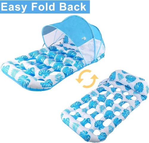 Vista 4 de COOLCOOLDEE Flotador inflable para piscina con toldo de sombrilla UPF 50+, flotador extra grande para adultos con reposacabezas, portavasos