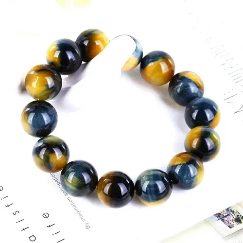 Vista 2 de Pulsera de ojo de tigre natural de 0.709 in para mujeres y hombres, piedra preciosa azul amarilla y azul con cuentas redondas grandes, pulsera