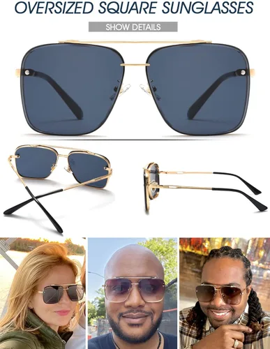 Vista 6 de PORADAY Gafas de sol cuadradas de aviador para hombres y mujeres gafas de sol de gran tamaño marco de metal vintage persianas degradadas