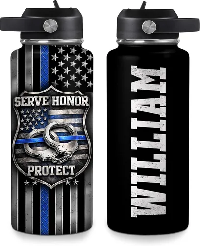 Vista 13 de Hyturtle Botella de Agua Personalizada de Policía - Botella de Acero Inoxidable Aislada con Tapa a Prueba de Fugas 18 oz, 32 oz - Regalo de Bandera