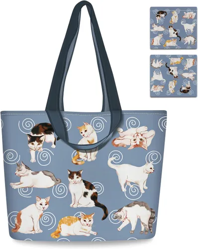 Vista 9 de NymphFable Bolsas de compras para gatos lindos, paquete de 2 bolsas reutilizables para comestibles de 50 libras Tela de poliéster duradera, diseño