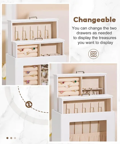 Vista 2 de Homde Organizador de joyas para niñas y mujeres, joyero para collares, anillos, aretes, regalo de Navidad, pulseras (blanco + dorado)