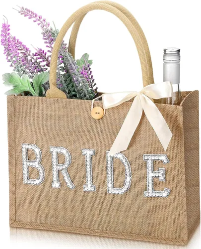 Vista 7 de Silkfly Bolsa de mano de novia de boda, regalo de despedida de soltera, bolsa de yute de playa con cinta para regalos de despedida de soltera