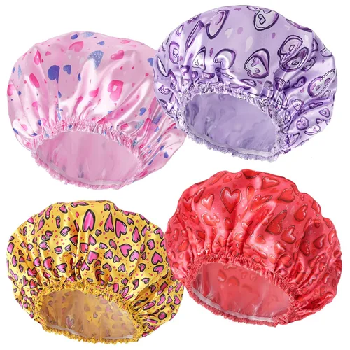 Vista 12 de 4 piezas de gorros de ducha para mujer, gorros de baño con estampado, gorro de ducha de doble capa reutilizable e impermeable, gorros de ducha