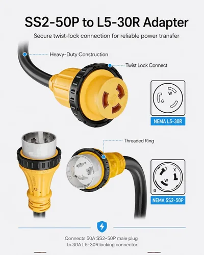Vista 2 de Adaptador RV de 50 amperios a 30 amperios con certificación ETL, cable adaptador de corriente marina SS2-50P a L5-30R, bloqueo giratorio de 30 A