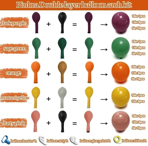Vista 3 de Guirnalda de globos retro de doble relleno, rosa polvoriento, naranja, mostaza, amarillo, salvia, verde, morado, kit de arco de globos de otoño