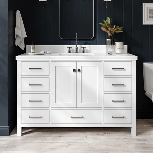 Vista 45 de ARIEL Cambridge - Mueble de baño con lavabo de 42 pulgadas, madera maciza, encimera de cuarzo blanco puro de 1.5 pulgadas, fregadero rectangular