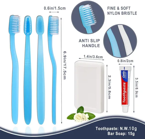 Vista 2 de 50 cepillos de dientes desechables con pasta de dientes y 50 barras de jabón Individually Wrapped, 2 Colors, Travel Size, Bulk Amenities and