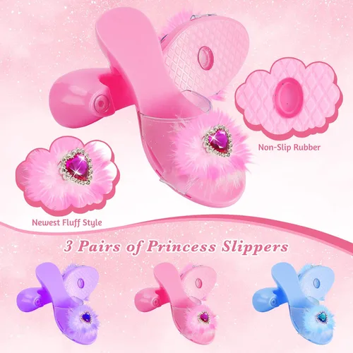 Vista 2 de BeiyoQSZ Juego de 3 pares de zapatos de princesa para niños pequeños con capa de princesa falda tutú corona varita collares bolsos zapatos de juego