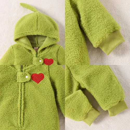 Vista 4 de Mameluco de Navidad verde para bebé, mono de forro polar cálido, traje de mi primera Navidad para niña
