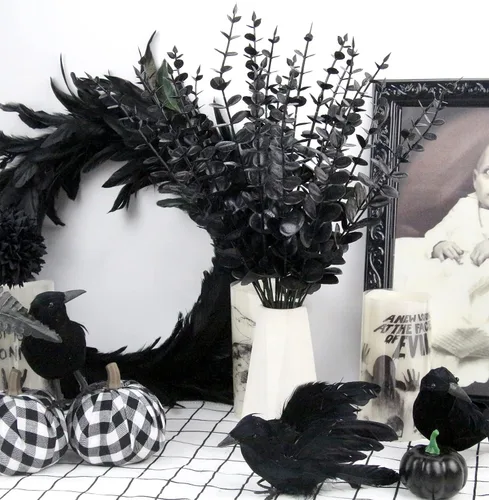 Vista 2 de Tinsow 26 Tallos de Eucalipto Artificial Negro Flores Falsas de Halloween Eucaliptos Hojas de Tacto Real Centro de Mesa Decoración para el Hogar