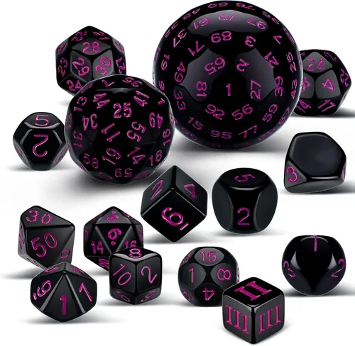 Vista 11 de Civaner Juego completo de 15 dados poliédricos D3-D100 esféricos RPG en negro opaco, 100 lados para juegos de rol, suministros de fiesta