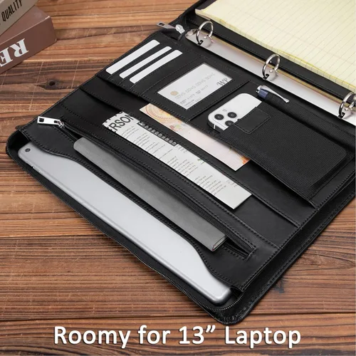 Vista 5 de Portafolio de cuero con carpeta de 3 anillas, padfolio de cuero vegano con cremallera, portafolio organizador profesional de negocios para regalo