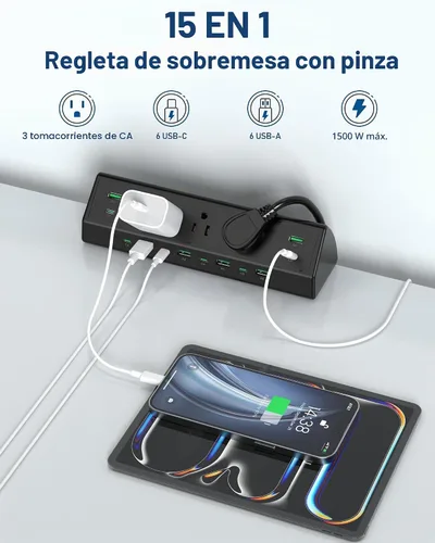 Vista 5 de Jgstkcity Regleta de alimentación con abrazadera de escritorio de 90 W, 12 puertos USB (6 PD 45 W USB-C), protector de sobretensiones, cable