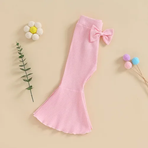 Vista 5 de Pantalones acampanados para bebé, color sólido, acanalados, elásticos, acampanados, lindos pantalones largos con lazo para niños pequeños